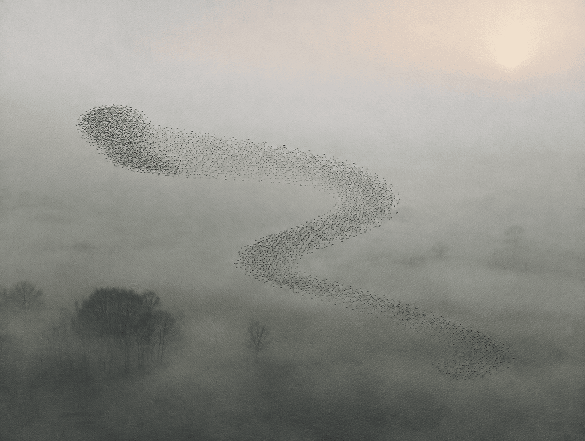 A murmuration of starlings moving as one