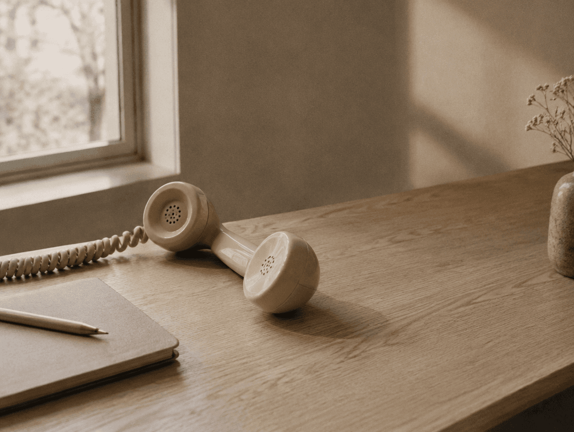 A telephone handset resting on a desk
